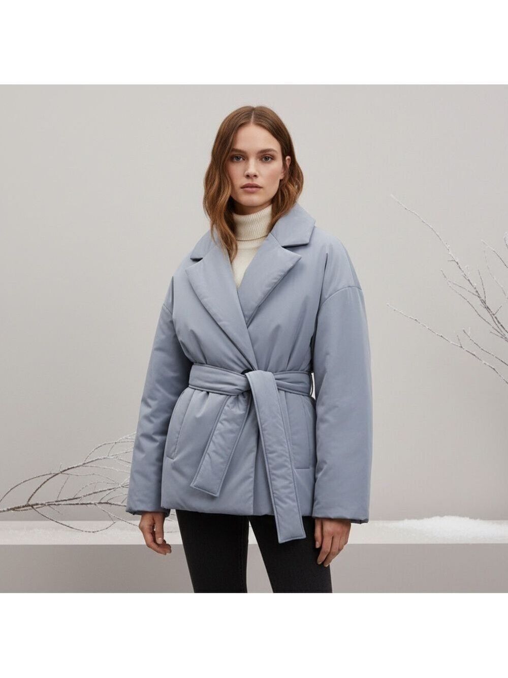 ZARA Padded Blazer Style Jacket with Belt Dusty Blue Quilted Puffer Coat Size XL